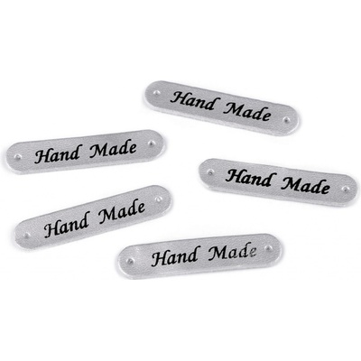 Prima-obchod Nášivka / štítek z eko kůže Hand Made 10x48 mm, barva 4 stříbrná metalic