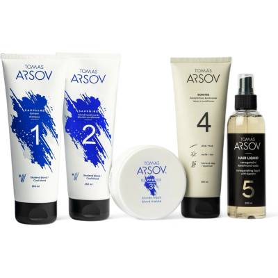 Tomas Arsov Podpora studených tónů pro blond vlasy a šediny SAPPHIRE Šampon 250 ml + Kondicionér 250 ml + Maska 100 ml + BONFIRE Bezoplach. kondic. 250 ml + HAIR LIQUID Keratin. voda 200 ml set