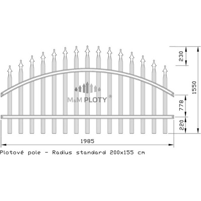 M&M PLOTY - Kovové plotové pole - Radius standard, grafit Rozměry(š x v): 200 x 155 cm