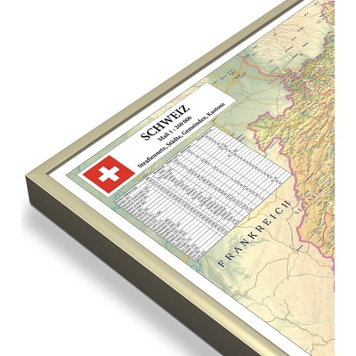 Excart Maps Švýcarsko - nástěnná mapa 140 x 100 cm Varianta: mapa v hliníkovém rámu, Provedení: zlatý matný rám