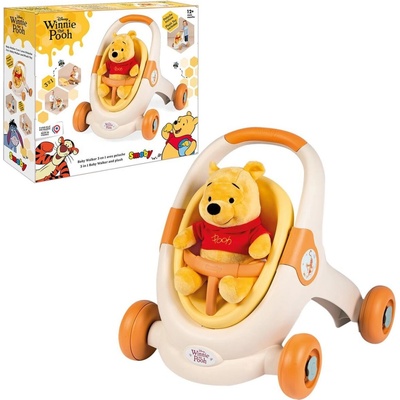Didaktické chodítko a kočík Winnie the Pooh Baby Walker 3v1 Smoby s 25 cm plyšovou bábikou a brzdami od 12 mes