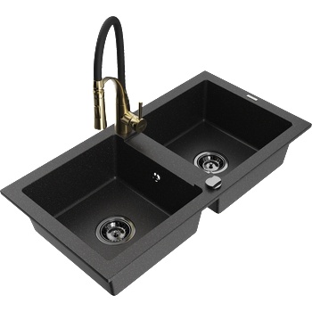 Mexen Mario двукамерна мивка от гранит с кухненски смесител Aster, черен/сребърен металик - 6504-73-73450-57-B (6504-73-73450-57-B)