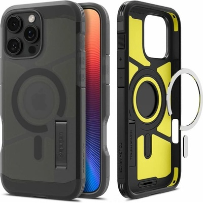 Spigen Калъф за Apple iPhone 16 Pro, хибриден (термополиуретан и поликарбонат), Spigen Tough Armor MagSafe, удароустойчив, черен (ACS08509)