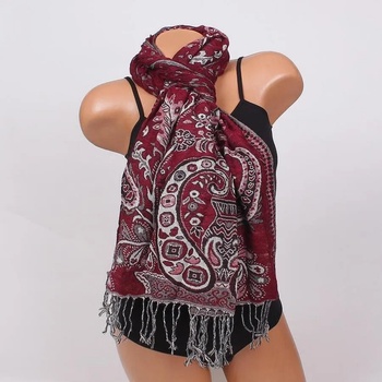 Image 1 of Тъмночервен шал с цветя и орнаменти