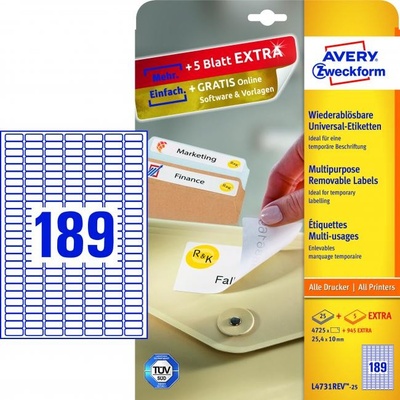 Avery-Zweckform L4731REV-25 25.4 x 10 mm papier biela 5760 ks premiestniteľné univerzálne etikety atrament, laser, kópie; L4731REV-25