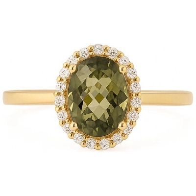 Vltavín Moldavite Zlatý prsten s vltavínem a zirkony ovál šachovnicový brus P22 0055