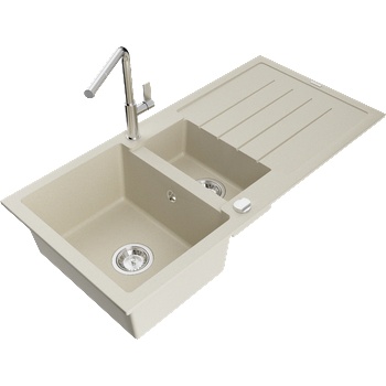 Mexen Andres гранитна мивка 1, 5-камерна с отцедник и кухненски смесител Flora, бежов - 6515-69-670401-00 (6515-69-670401-00)