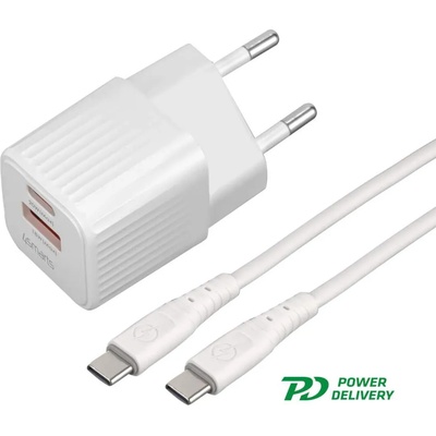 4smarts Wall Charger VoltPlug Duos Mini PD 20W and USB-C Cable - захранване за ел. мрежа с USB-A и USB-C изходи с технология за бързо зареждане и USB-C към USB-C кабел (150 см) (бял)