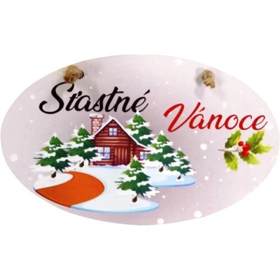 Bondecor Vánoční dřevěná dekorace - ovál "Šťastné Vánoce - domek" 18x11cm