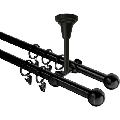 OK-GarnýžeCZ Garnýž kovová dvouřadá 16mm Koule černá 190 cm do stropu / kroužky s žabkou
