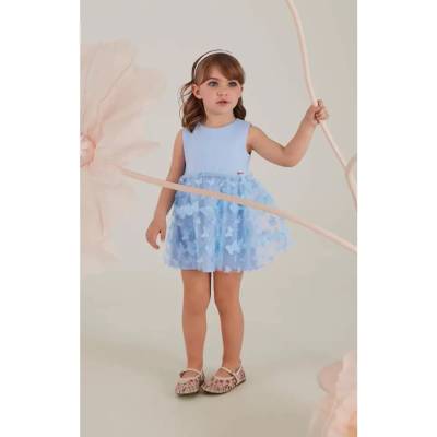 Guess Нежна рокля за мини момиче в синьо с тюл с пеперуди Guess