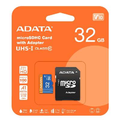 Карта памет 32GB microSDHC с адаптер, A-Data Premier V10 AUSDH32GUICL10A1-RA1, Class 10 UHS-I, скорост на четене до 100MB/s, скорост на запис до 25MB/s (AUSDH32GUICL10A1-RA1)