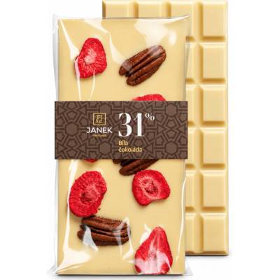 JANEK Bílá čokoláda s pekany a lyofilizovanými jahodami 95 g