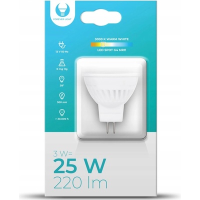 Forever Light LED žiarovka G4, MR11, 3W, 240LM, 12V, 38°, Teplá biela