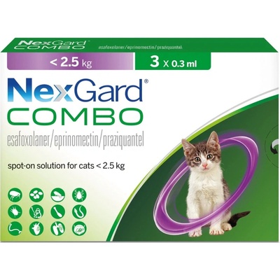 NexGard Combo roztok 3 x 0,3 ml na vonkajšiu aplikáciu na kožu < 2,5 kg