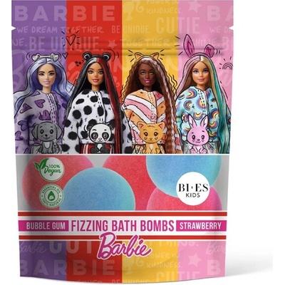 BI-ES Barbie Bath bombs bubble gum and strawberry šumivé koule do koupele s vůní žvýkaček a jahod 6x55 g