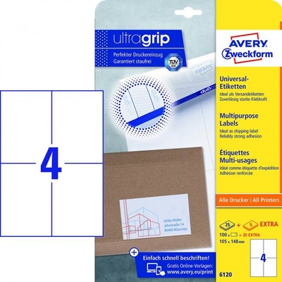 Etikety univerzálne 105x148mm Avery A4 25+5 hárkov