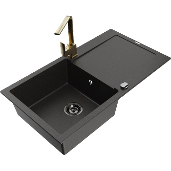 Mexen Leo еднокоморна гранитна мивка с отцедник и кухненски смесител Rita, черен/златен металик - 6501-75-670300-50-B (6501-75-670300-50-B)