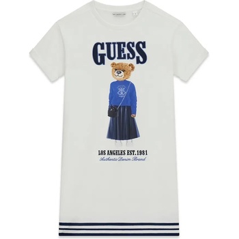 Guess Бяла рокля с къс ръкав за момиче със сини детайли и цветно мече Guess