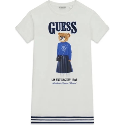 Guess Бяла рокля с къс ръкав за момиче със сини детайли и цветно мече Guess
