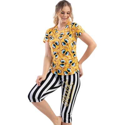 Дамска пижама в жълто с патета и раиран 7/8 панталон