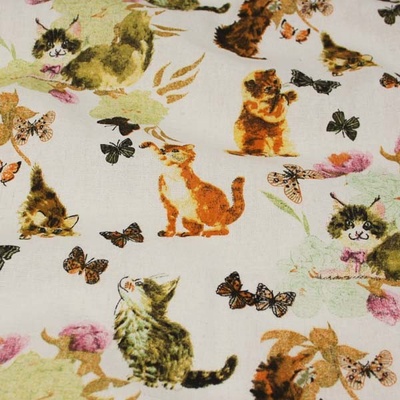 Dekoračná látka biela, mačičky a motýle, š.140
