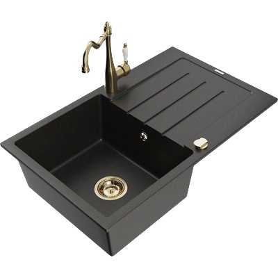 Mexen Bruno гранитна мивка с една камера с отцедник и кухненски смесител Carla, черен/златен металик - 6513-75-670700-50 (6513-75-670700-50)