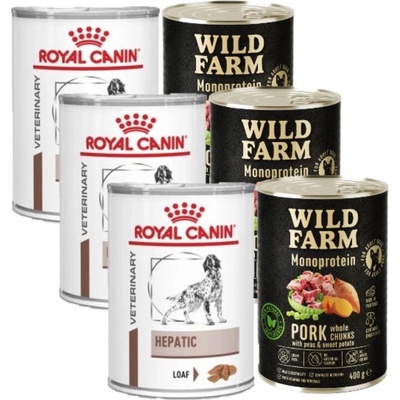 Royal Canin VD Canine Hepatic 3 x 420 g & Wild Farm Monoproteínové bravčové mäso 3 x 400 g