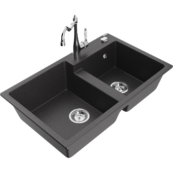 Mexen Tomas гранитна мивка с 2 камери и кухненски смесител Carla, черен с пръски - 6516-76-670700-00 (6516-76-670700-00)
