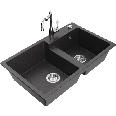 Mexen Tomas гранитна мивка с 2 камери и кухненски смесител Carla, черен с пръски - 6516-76-670700-00 (6516-76-670700-00)