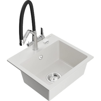 Mexen Milo мивка от гранит с 1 камера и кухненски смесител Duo, бял - 6505-20-671701-07 (6505-20-671701-07)