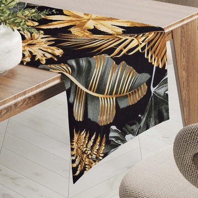 Biante bavlna behúň Sandra SA-389 Sivozelené a zlaté tropické listy na čiernom 20x120 cm