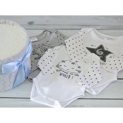 dortNEdort Jednopatrový plenkový dort XIII. s milníkovými bodyčky Miminko se ještě nenarodilo Modrá mašle a náplň pro chlapečka – Zboží Dáma