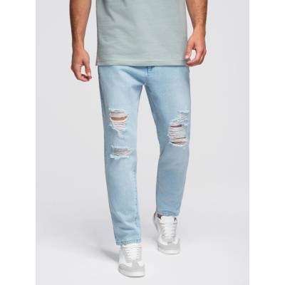 Ombre Men's CARROT FIT denim pants with rubbing light blue světle modrá světle zelená