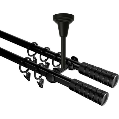 OK-GarnýžeCZ Garnýž kovová dvouřadá 16mm Torino Double černá 160 cm do stropu / kroužky s žabkou