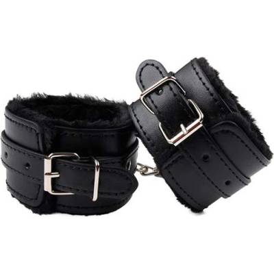 LateToBed Кожени белезници с пух "ruffy wrist black