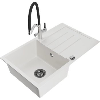 Mexen Bruno еднокамерен гранитен мивка с отцедник и кухненски смесител Duo, бял - 6513-20-671701-07-B (6513-20-671701-07-B)