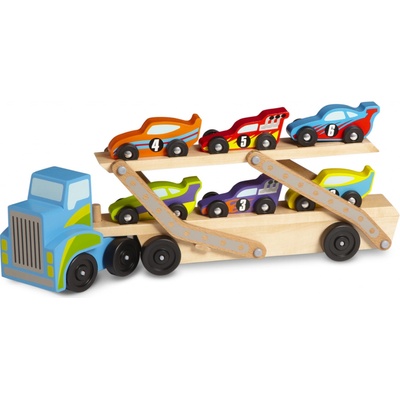 Melissa & Doug drevený veľký nákladiak na pretekárske autá