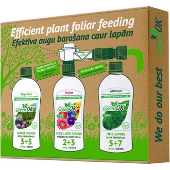 GreenOK Sada hnojiv 3 x 750 ml (pro květiny, pro jehličnany, pro trávník) a rozprašovací hlavice