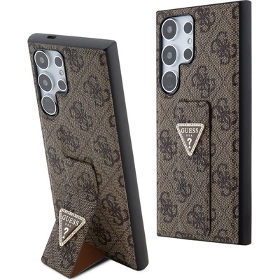GUESS PU 4G Strass Grip Stand Triangle Metal Logo Case - дизайнерски кожен кейс с отделение за карти за Samsung Galaxy S24 Ultra (кафяв)