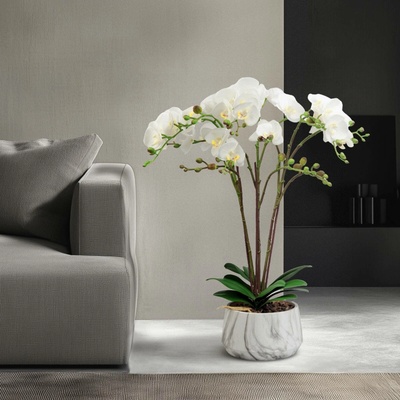 Umělá rostlina dekorace - orchidej - bílá - 58 cm