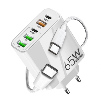 Комплект зарядно устройство и кабел, 65W бързо зареждане, 5 порта, 3 x USB, 2 x Type-C, универсално съвместимо iPhone, Huawei, Samsung, Xiaomi, Бяло (TRG-156 Cable)