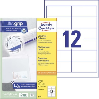 Etikety univerzálne 97x42,3mm Avery A4 100 hárkov