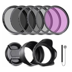 NEEWER 52mm ND Filter Kit and Lens Accessories, ND2 ND4 ND8 UV FLD CPL (Circular Polarizing) Filter Set with Lens Cap/Tulip Lens Hood - 10088178
