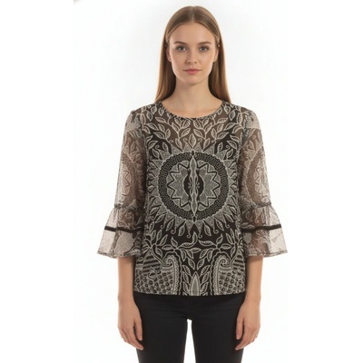Desigual dámská halenka s dlouhým rukávem a potiskem černobílá boho