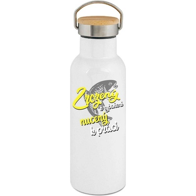 123TRIKO termoska Zrozený k rybaření, nucený k práci. Bílý a žlutý tisk. 500 ml