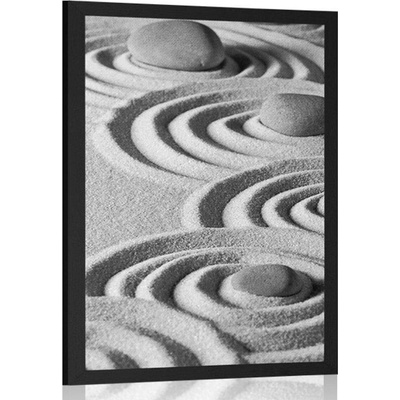 Plakát Zen kameny v písčitých kruzích černobílém provedení - 20x30 silver