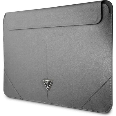 GUESS Saffiano Triangle Metal Logo Notebook Sleeve - дизайнерски луксозен кожен калъф за MacBook Pro 16, MacBook Pro 15 и лаптопи до 16 инча (сребрист)