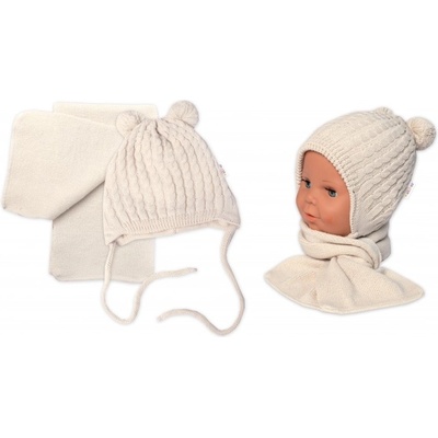 Baby Nellys Zimní čepice na zavazování s bambulky + šál béžová