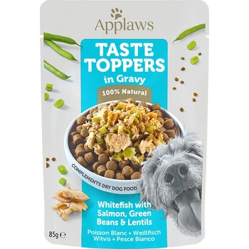 Applaws 12x85г Taste Toppers Applaws, консервирана храна за кучета - бяла риба и сьомга със зелен фасул ле